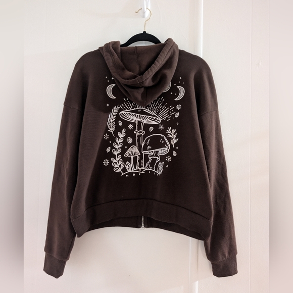 Y2K Chocolate Brown Teddy Jacket with Printed Mushroom Details - Picture 3 of 8